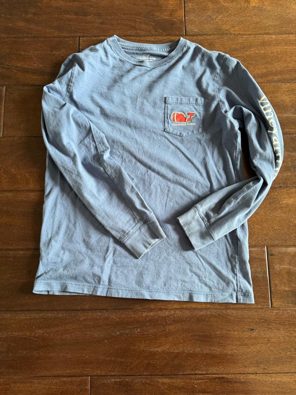 Vineyard Vines Dusty Blue Long Sleeve Pocket Tee with Whale Patch Football Theme